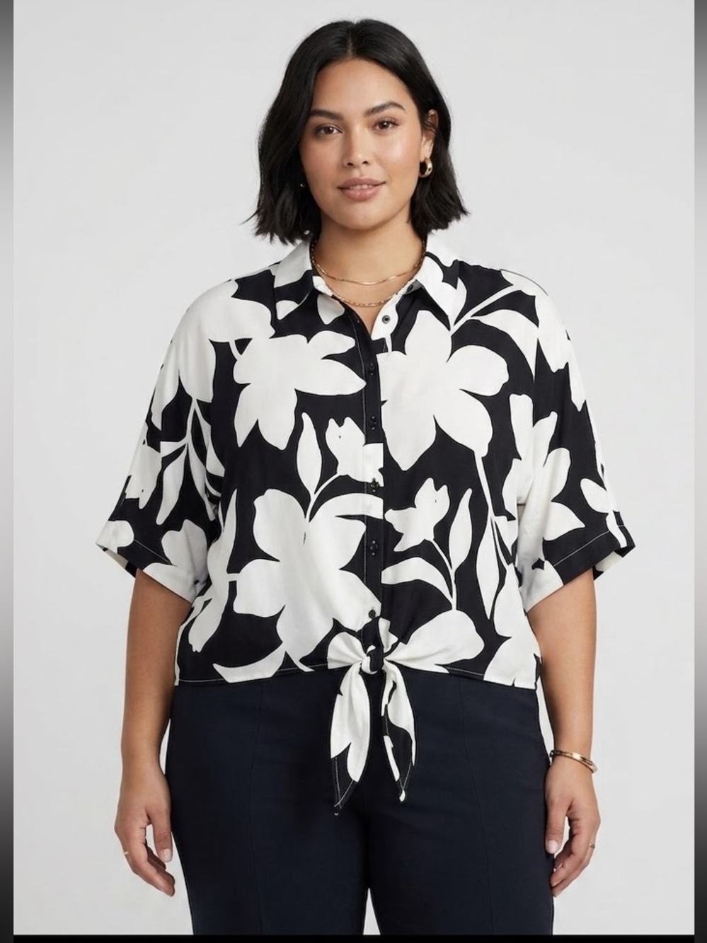 Ellen Tracy Black White Floral Print Tie Front Button Down Shirt Top Size XL